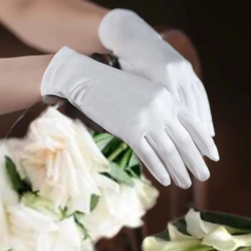 Luxury White Satin Short Gloves Wrist Length Wedding Gloves Bride Accessory Gift